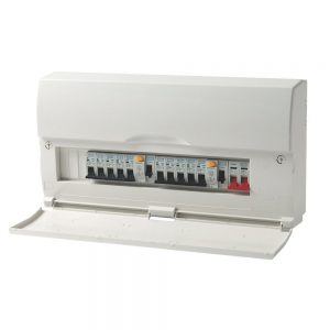 Open electrical consumer unit with circuit breakers, expertly installed and branded by David Love Electrics.